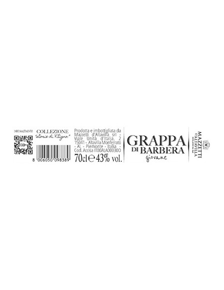 Grappa di Barbera Cylinder 70 cl Mazzetti