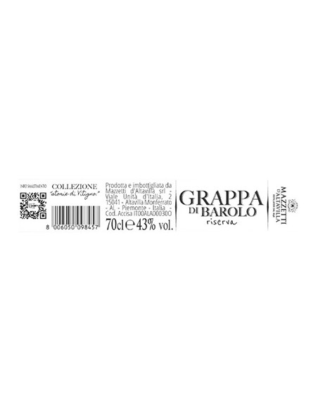 Grappa di Barolo Riserva Cilindro 70 cl Mazzetti