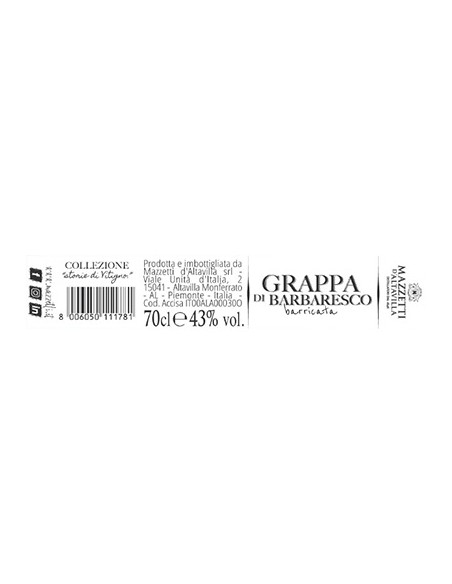 Grappa di Barbaresco Barricata Cilindro 70 cl Mazzetti