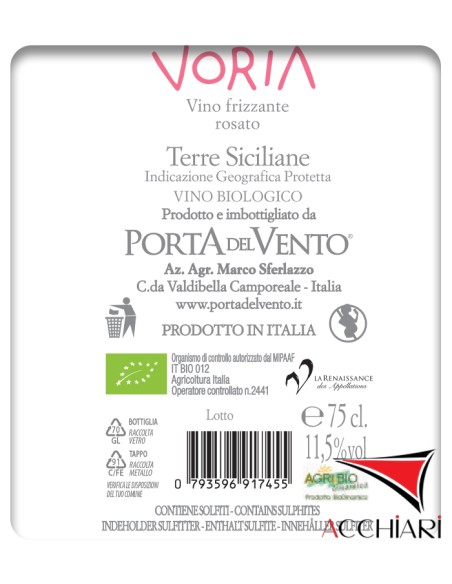 Voria pétillant sur lie rosé IGP Terre Siciliane 75 cl Porta