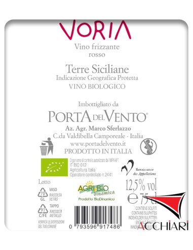 Voria pétillant sur lie rouge IGP Terre Siciliane 75 cl Porta