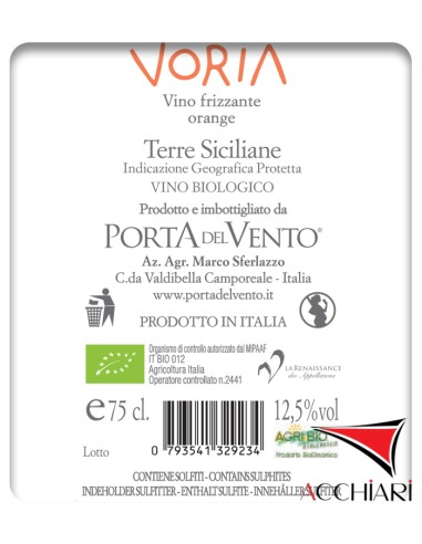 Voria Orange sur lie IGP Terre Siciliane 75 cl Porta del Vento