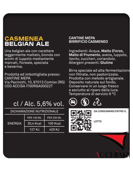 Casmenea Belga ALE 33 cl Pack de 12 Botellas Birrificio Cantine