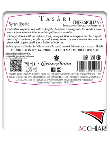 Syrah Rosato Tasàri IGP aus Sizilien, 75 cl Caruso e Minini