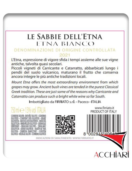 Le Sabbie dell'Etna Bianco Etna DOC Carricante Catarratto 75 cl