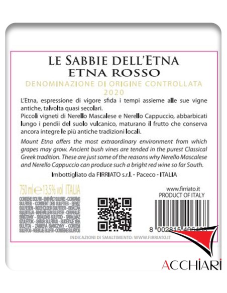 Le Sabbie dell'Etna Rosso Ätna DOC Nerello Mascalese Nerello