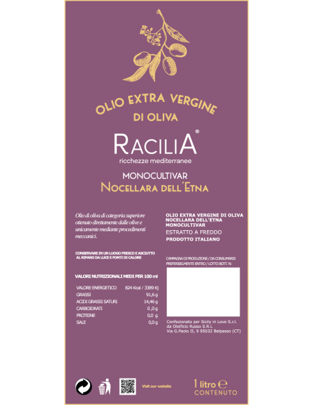 Aceite monocultivar EVO Nocellara dell'Etna 1 lt Racilia