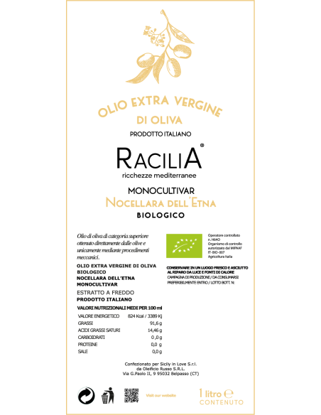 Nocellara dell'Etna Aceite monocultivar EVO Bio 1 lt Racilia