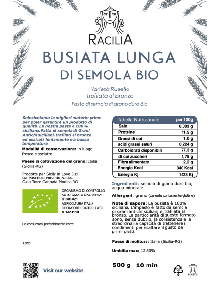 Long organic semolina busiata Russello Racilia