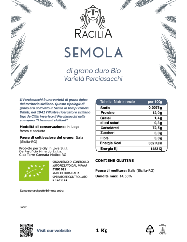 Organic durum wheat semolina flour Perciasacchi Racilia