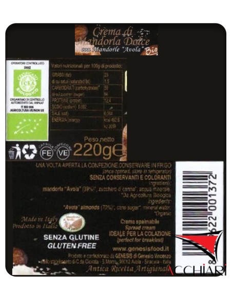 Crema de almendras Avola dulce ecológica 220 gr Génesis