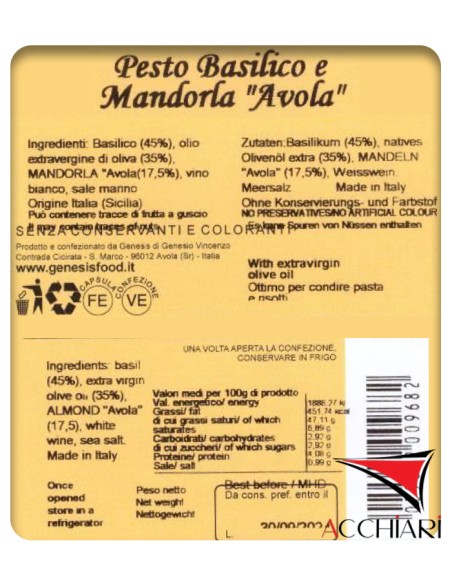 Avola Mandel Basilikum Pesto 200 gr Genesis