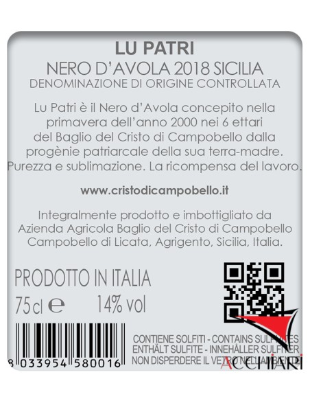 Lu Patri Nero d'Avola DOC Sicilia 75 cl Baglio del Cristo di