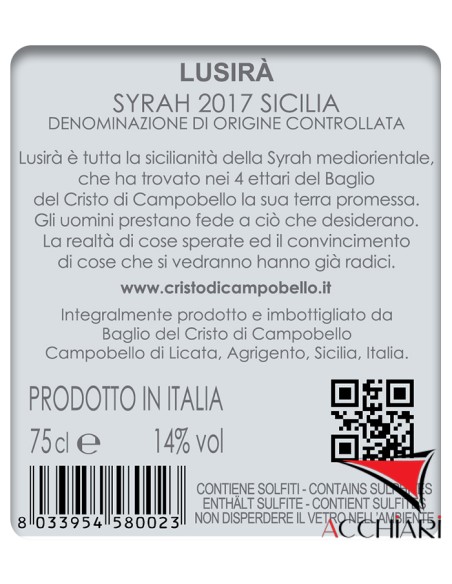 Lusirà Syrah DOC Sicile 75 cl Baglio del Cristo di Campobello