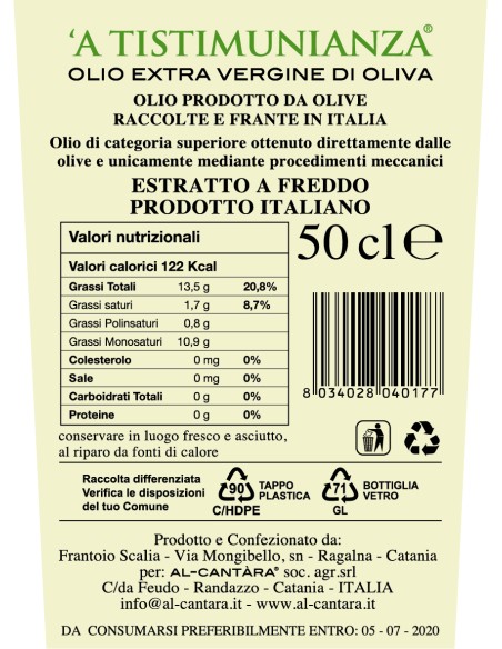 A tistimunianza Evo Oil 50 cl Al Cantàra