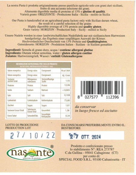 Pasta Espaguetis 100% Sémola De Trigo Duro Siciliano 500 gr