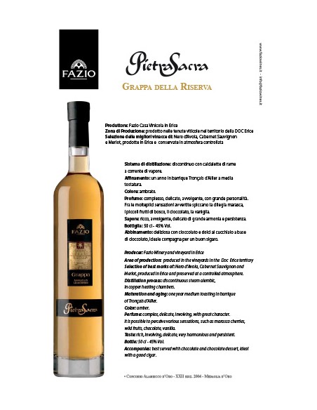 Pietra Sacra Grappa 50 cl Fazio