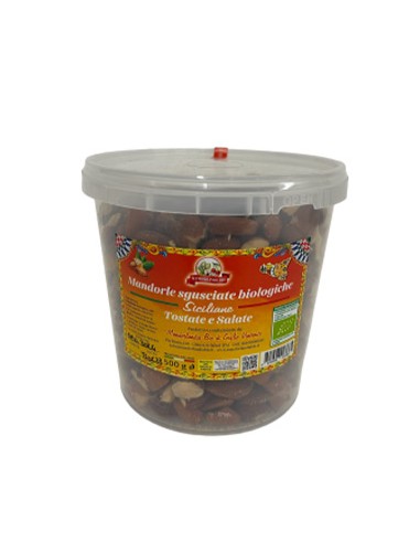 Organic toasted and salted shelled almonds in a 500g jar of